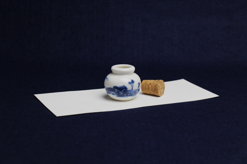 Small, white and blue ceramic inkwell with cork stopper (model 1)