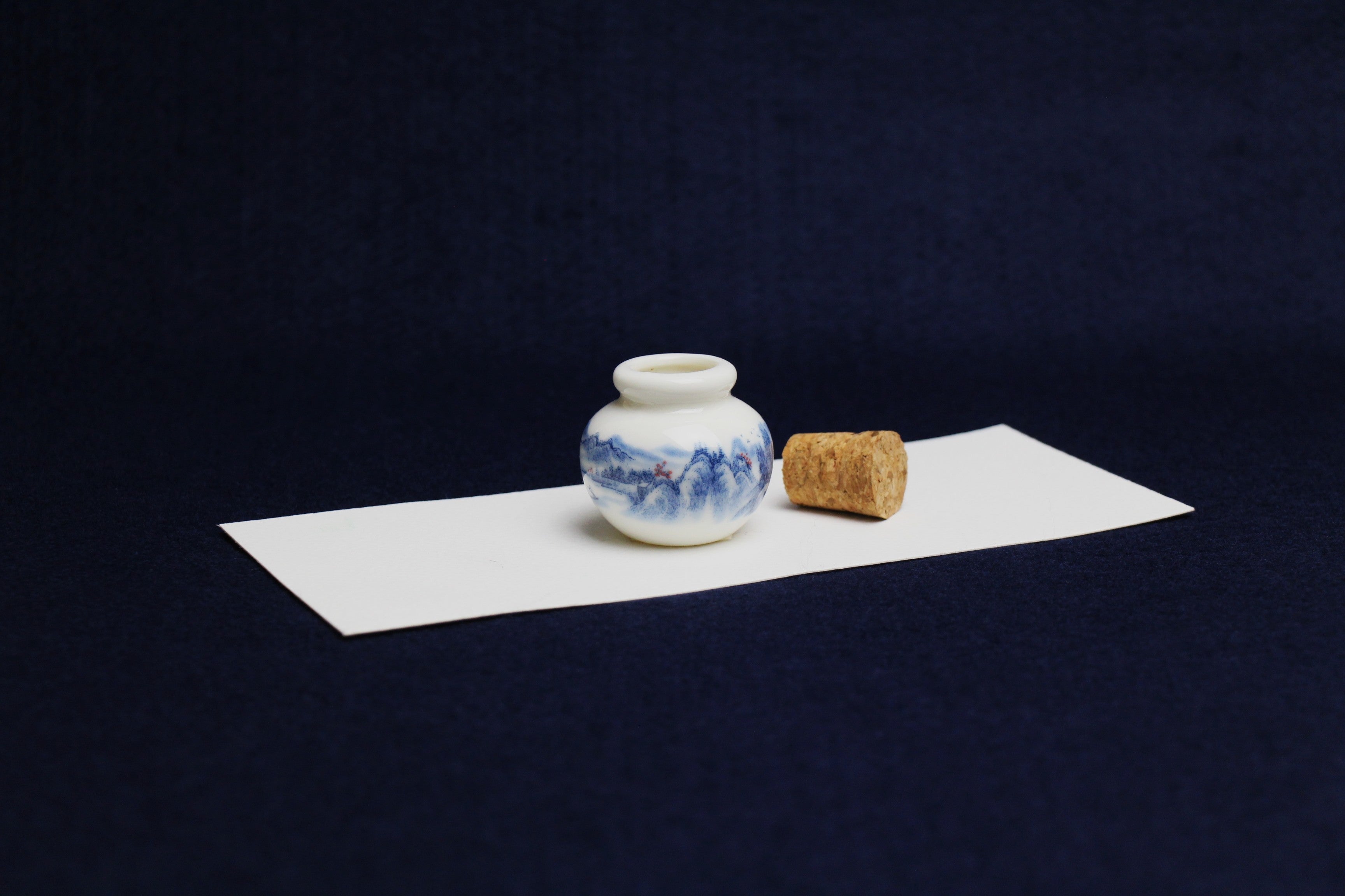 Small, white and blue ceramic inkwell with cork stopper (model 2)