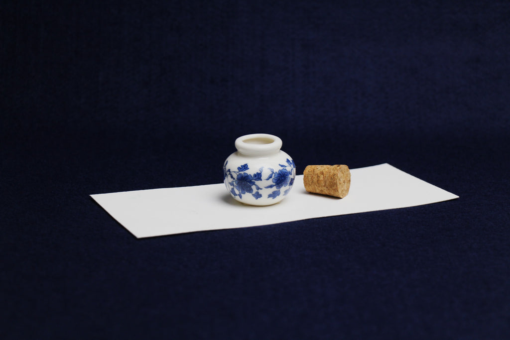 Small, white and blue ceramic inkwell with cork stopper (model 3)