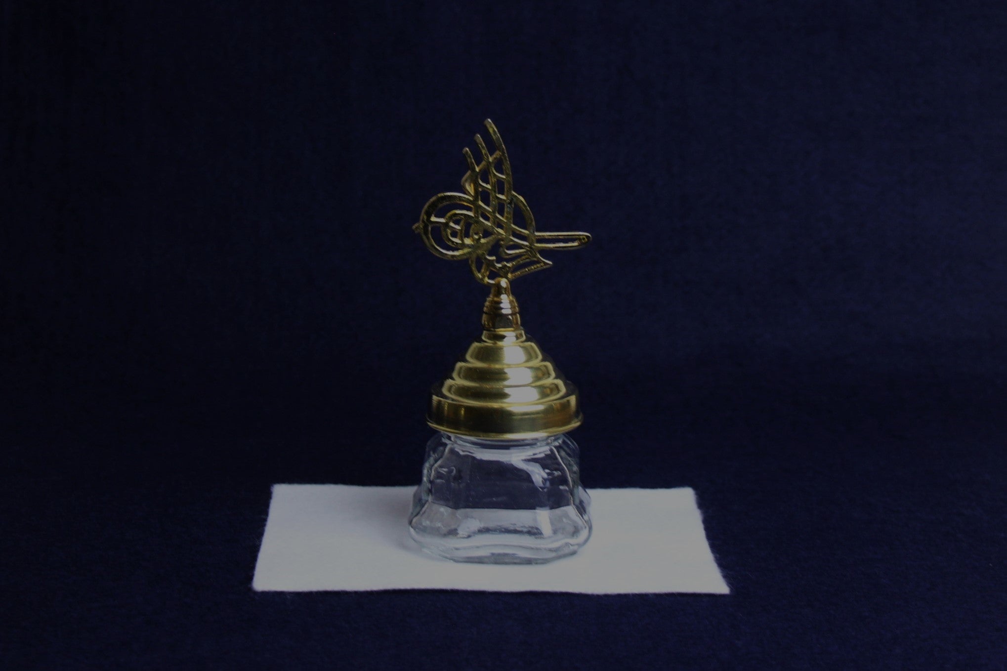 Glass inkwell for Arabic calligraphy with brass plated decorative lid