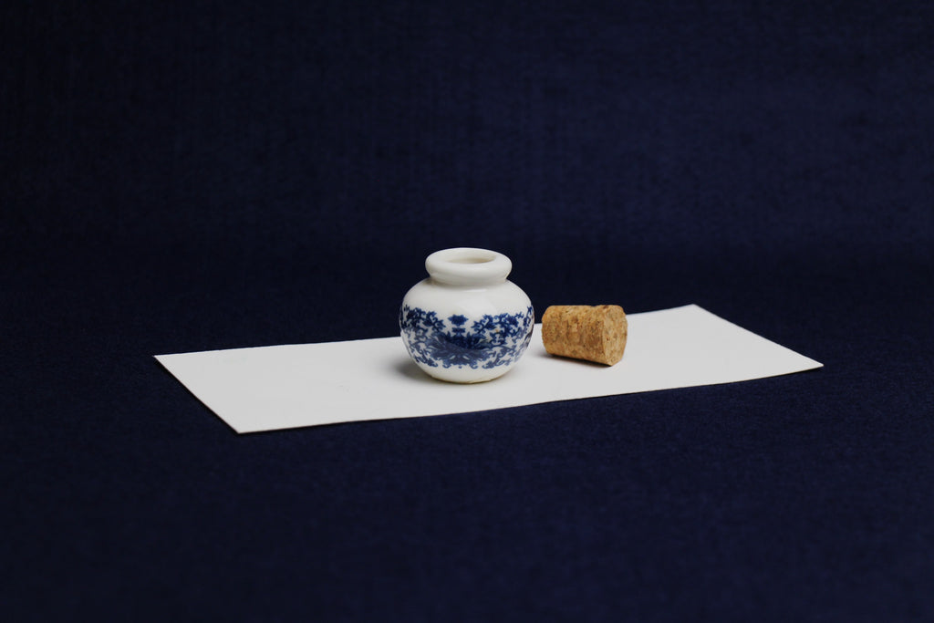 Small, white and blue ceramic inkwell with cork stopper (model 5)