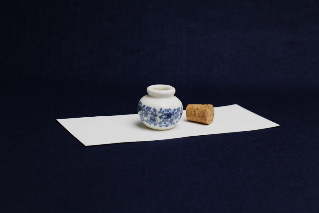 Small, white and blue ceramic inkwell with cork stopper (model 6)