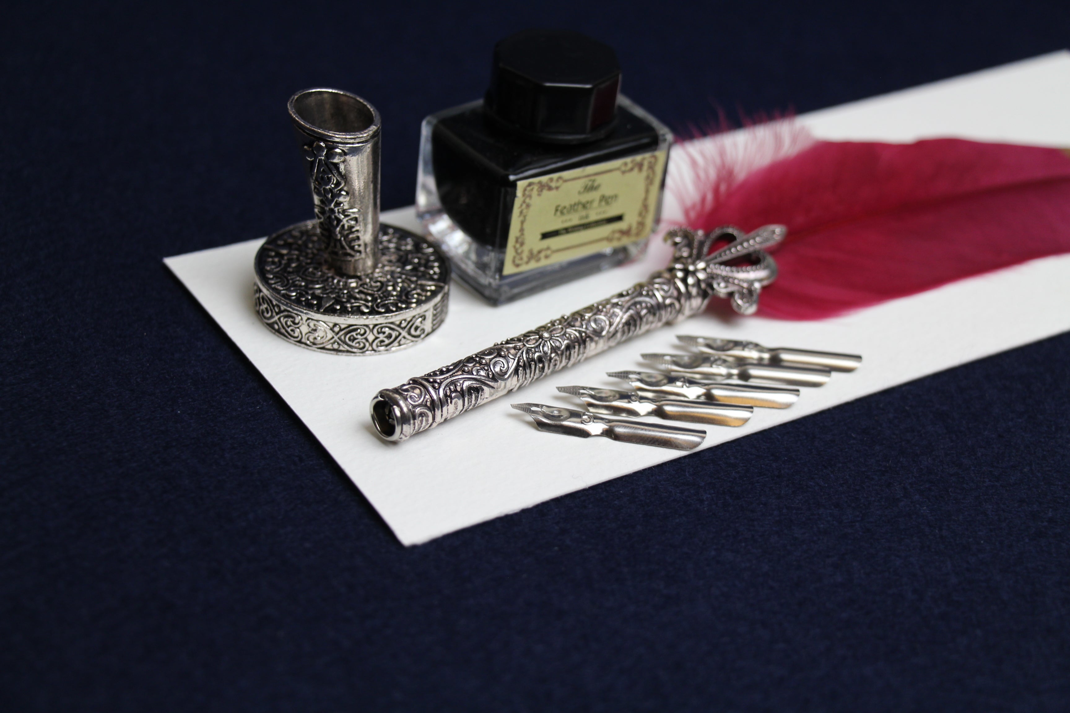 Medium feather quill set for Arabic calligraphy, dip pen with left oblique nib, pen stand, ink