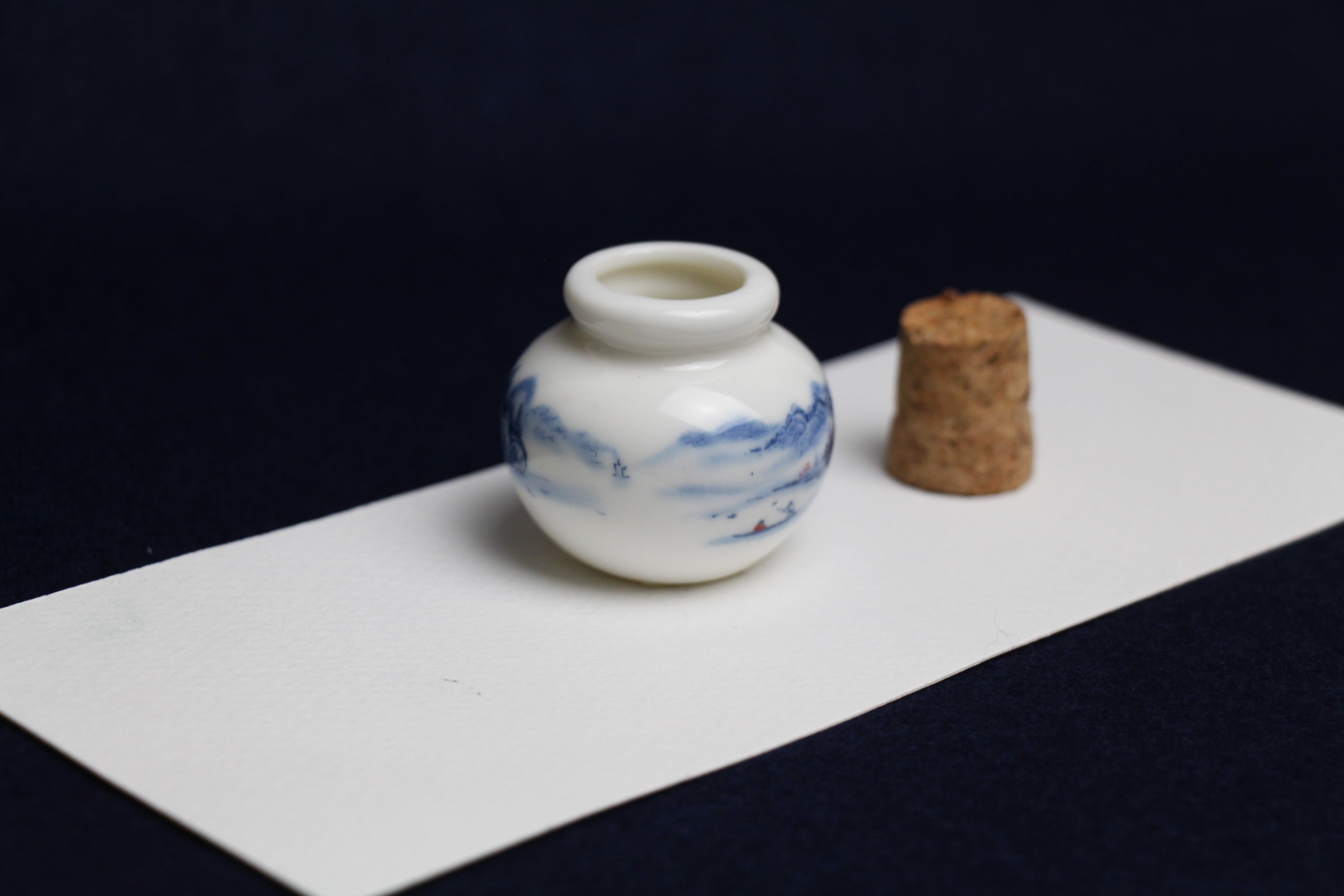 Small, white and blue ceramic inkwell with cork stopper (model 2)
