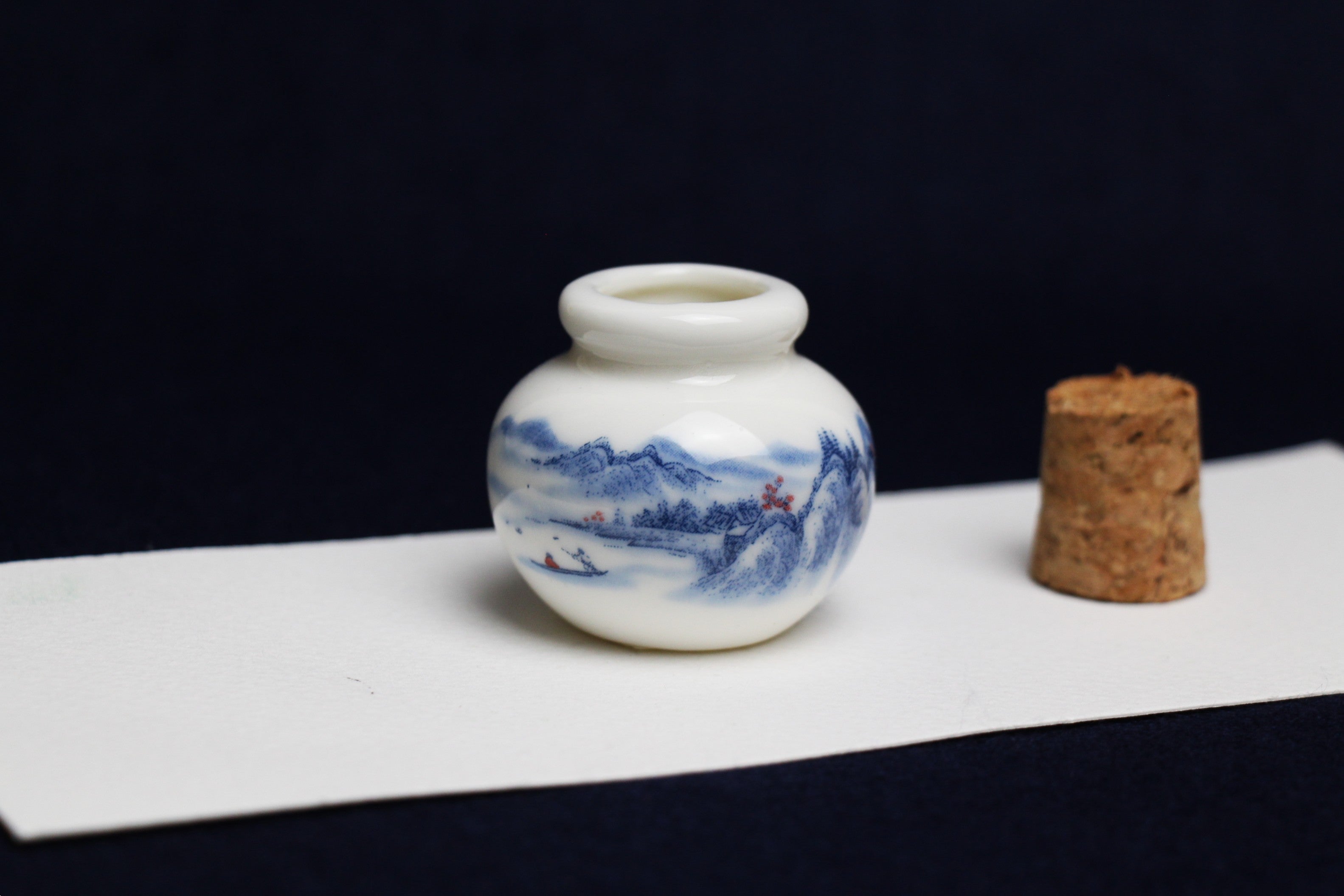 Small, white and blue ceramic inkwell with cork stopper (model 2)
