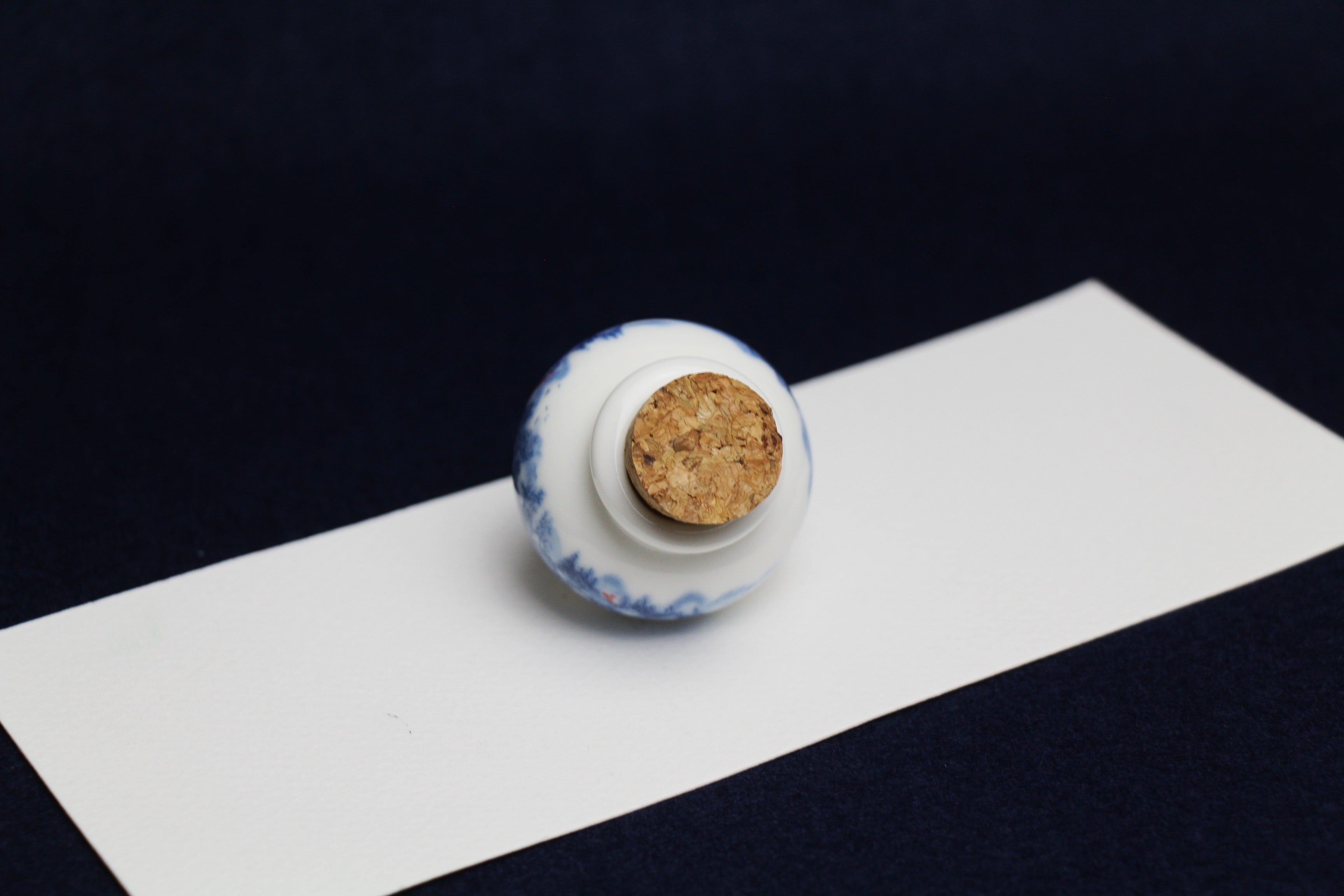 Small, white and blue ceramic inkwell with cork stopper (model 2)