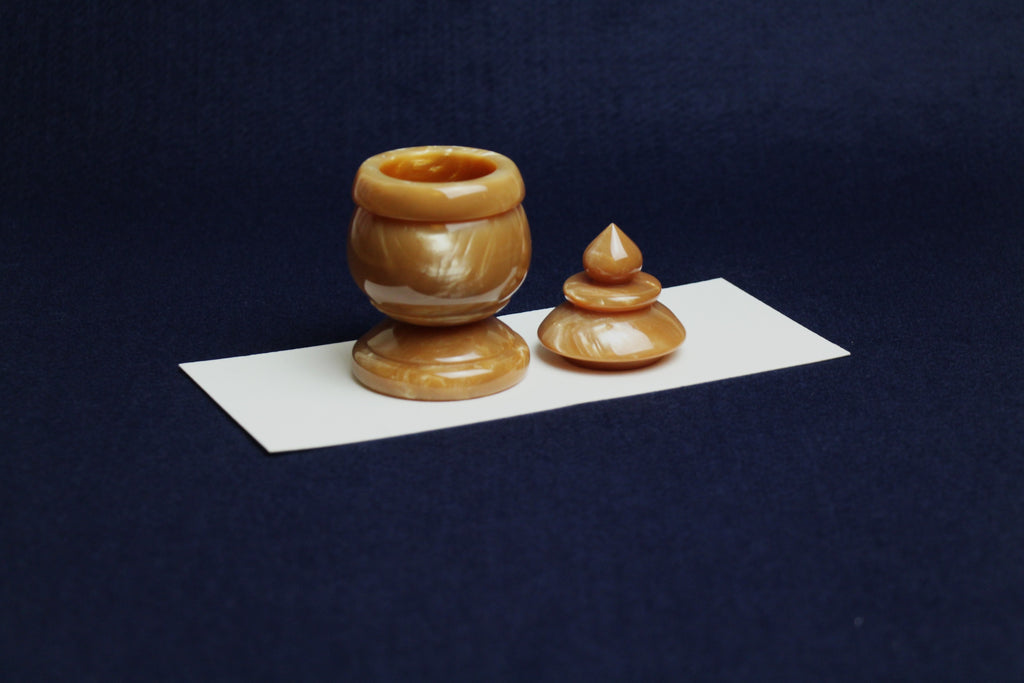 Hand-turned resin inkwell in wooden box - latte with cream streaks