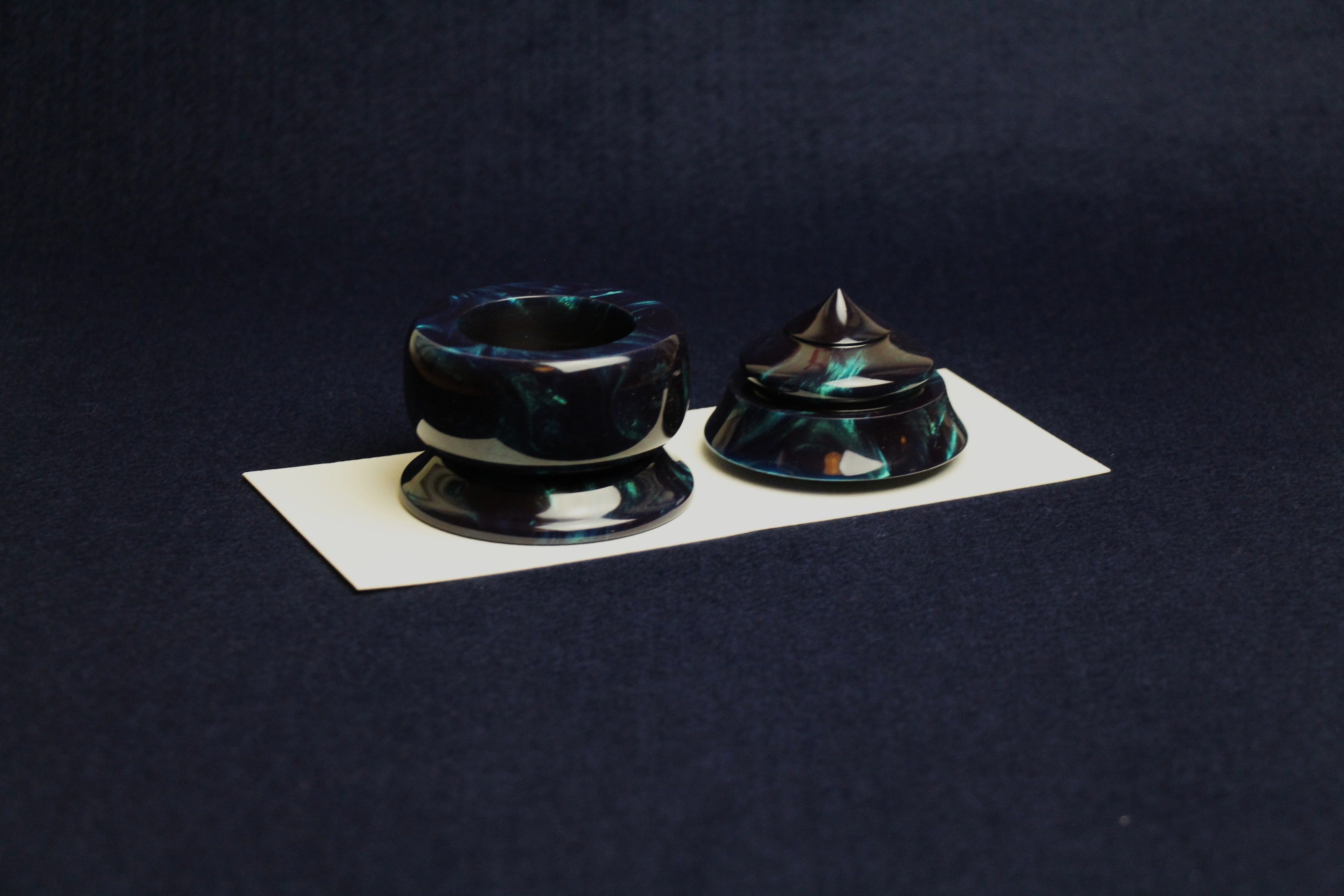 Hand-turned resin inkwell with wooden box - navy blue with turquoise streaks