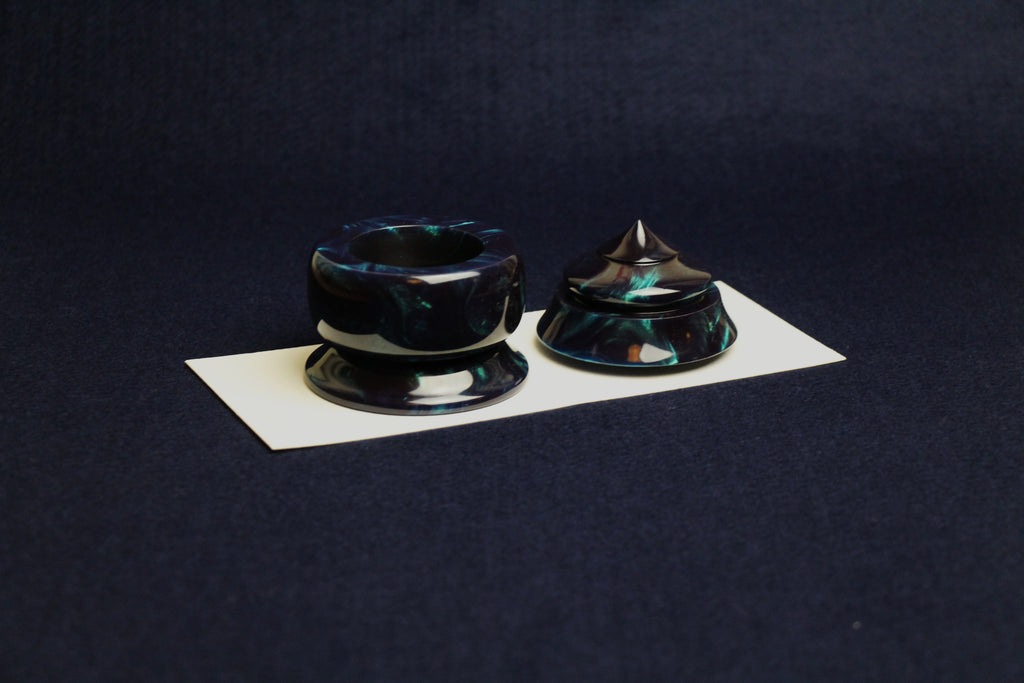 Hand-turned resin inkwell with wooden box - navy blue with turquoise streaks