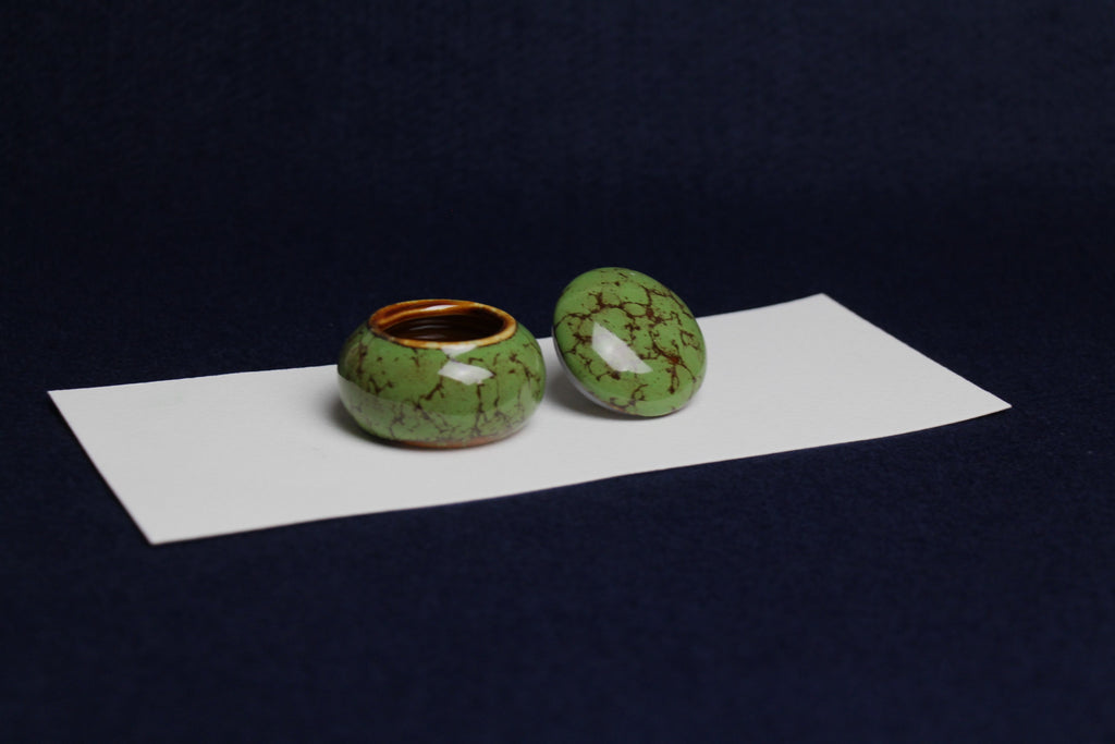 Small ceramic inkwell with twist-and-seal lid: dark sage green marble, for Arabic calligraphy