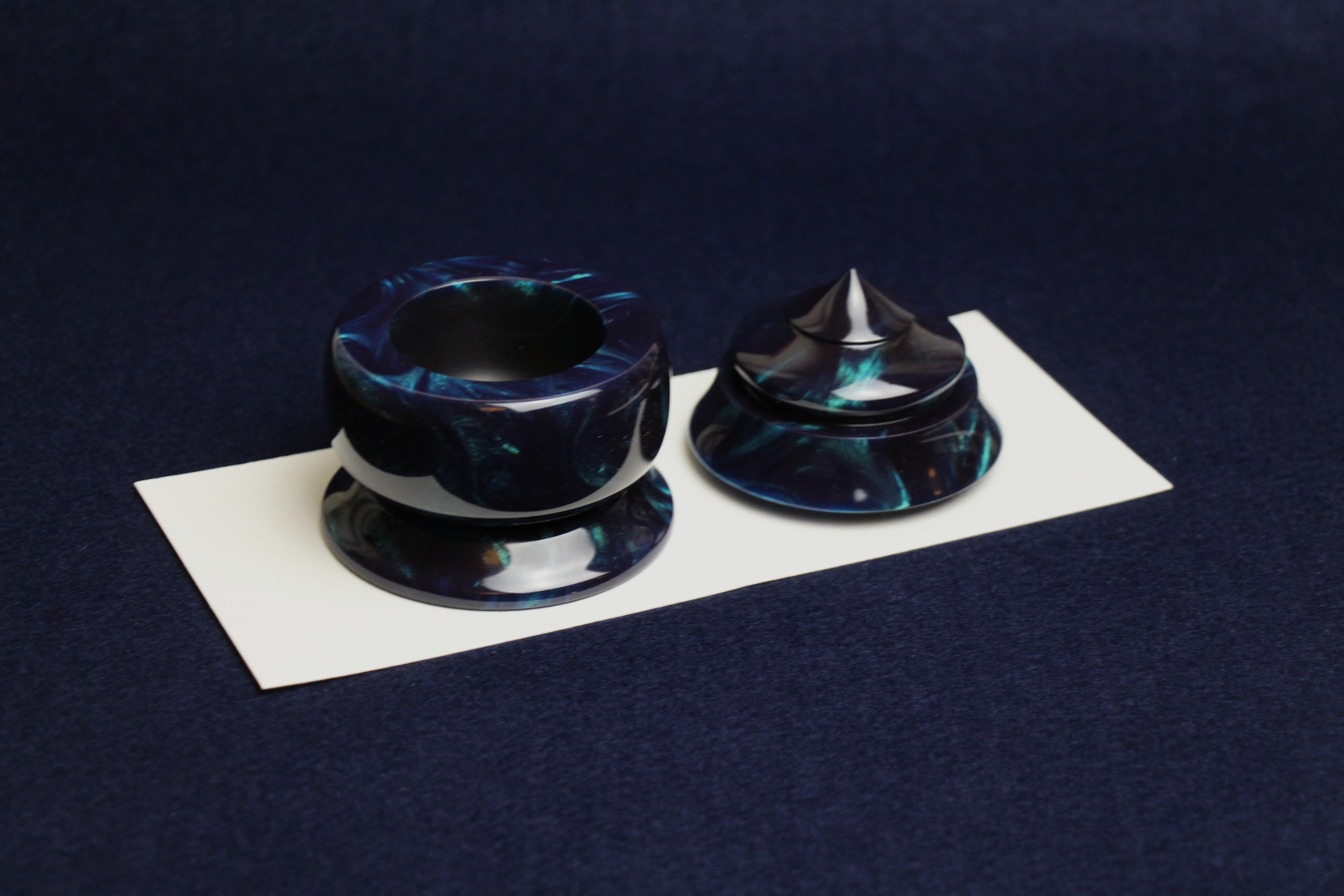 Hand-turned resin inkwell with wooden box - navy blue with turquoise streaks