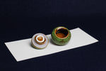 Load image into Gallery viewer, Small ceramic inkwell with twist-and-seal lid: dark sage green marble, for Arabic calligraphy
