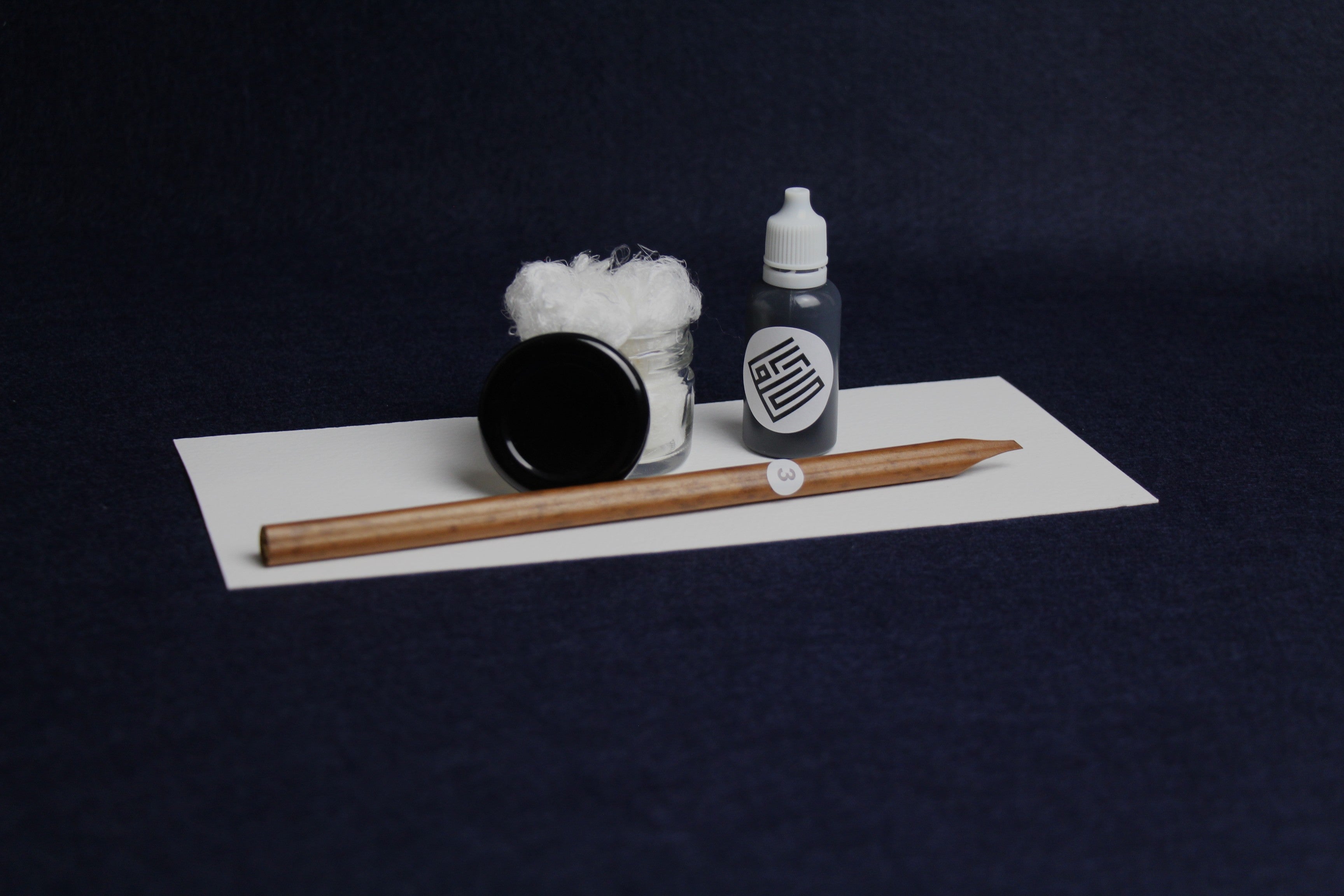bare essentials set for Arabic calligraphy - left oblique nib dip pen, black Indian ink, silk likka, inkwell
