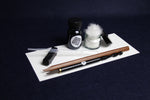 Load image into Gallery viewer, Small set for Arabic calligraphy - two dip pens with left oblique nib - Javi, handam, small glass inkwell with silk killa, black Indian ink in glass bottle, black metal pen rest and plastic transfer pipette

