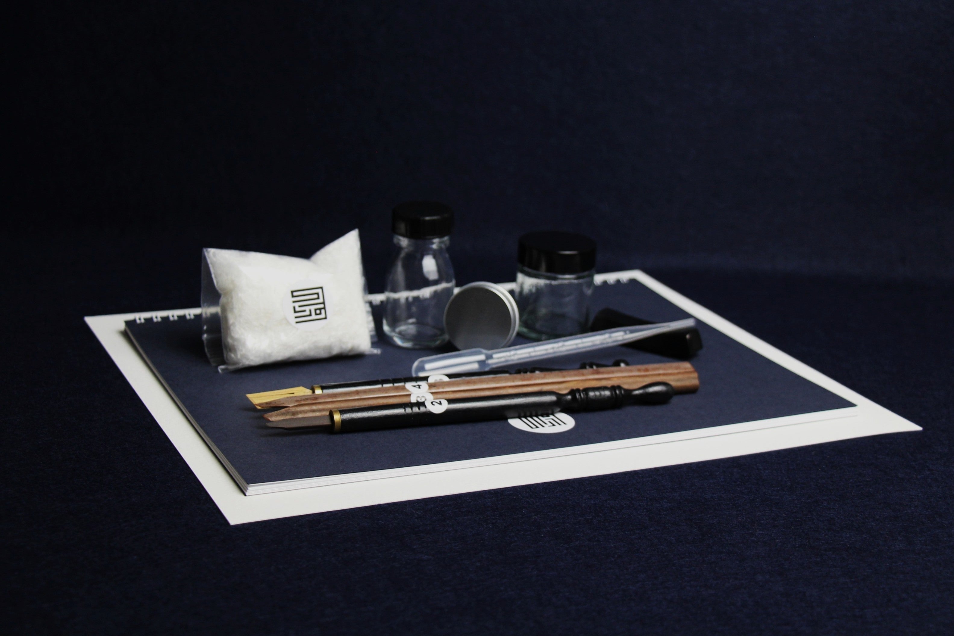 Medium set for Arabic calligraphy, 4 dip qalam pens with left oblique nibs, walnut ink, silk likka, inkwell, pen rest, notebook