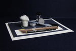 Load image into Gallery viewer, Medium set for Arabic calligraphy, 4 dip qalam pens with left oblique nibs, walnut ink, silk likka, inkwell, pen rest, notebook
