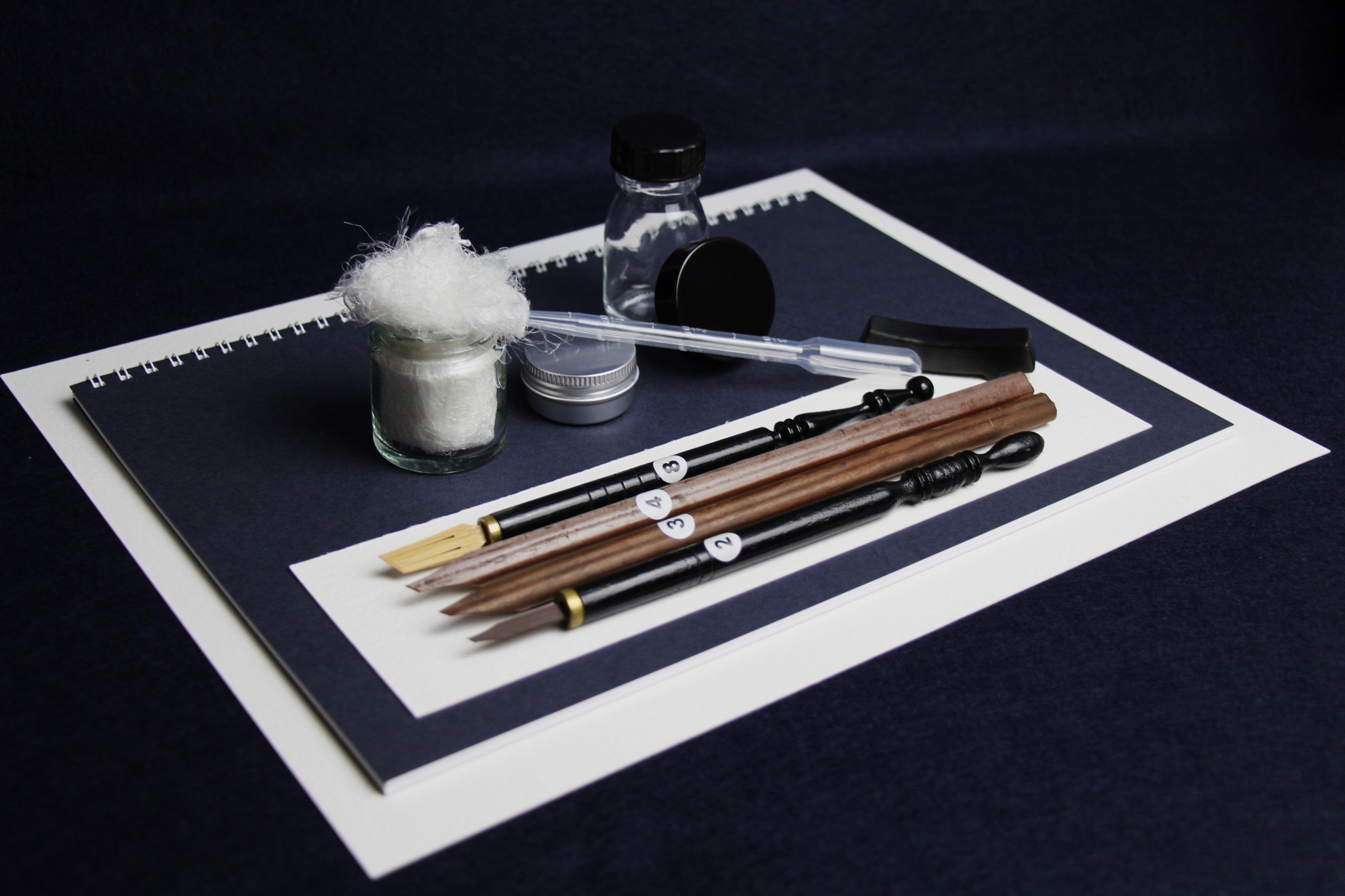 Medium set for Arabic calligraphy, 4 dip qalam pens with left oblique nibs, walnut ink, silk likka, inkwell, pen rest, notebook