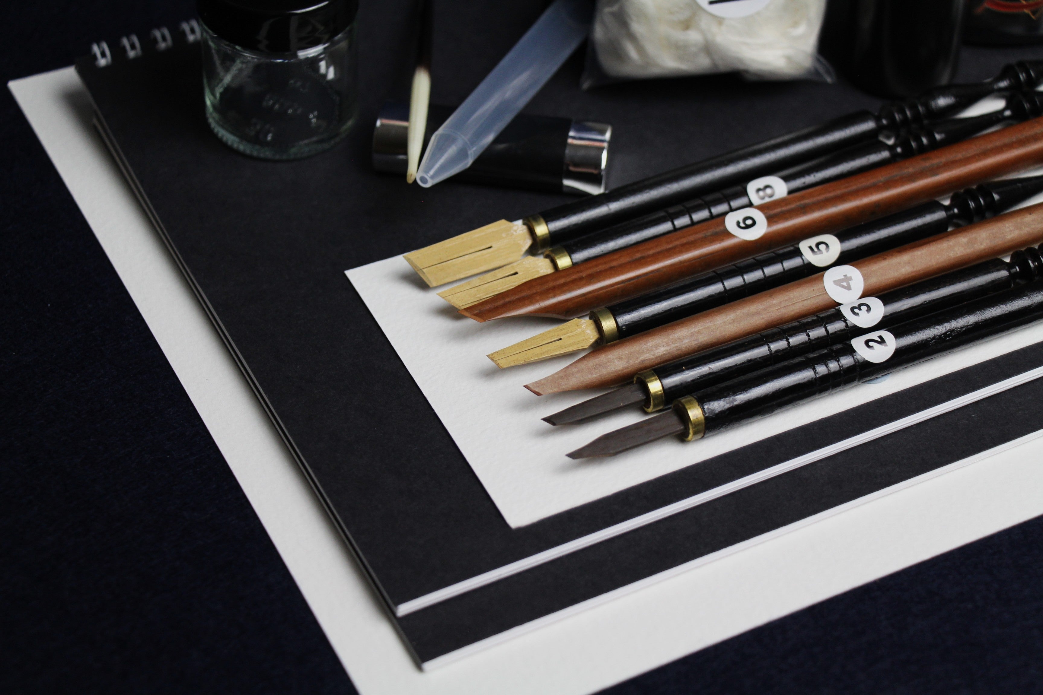 Large set for Arabic calligraphy - 7 dip pens, 2 notebooks, pen stand, black Taher ink, rose water, inkwell, silk likka, porcupine quill, transfer pipette, pen rest