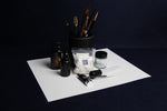 Load image into Gallery viewer, Large set for Arabic calligraphy - 7 dip pens, 2 notebooks, pen stand, black Taher ink, rose water, inkwell, silk likka, porcupine quill, transfer pipette, pen rest
