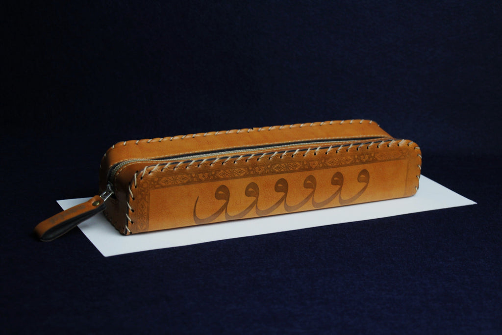 Faux leather case for Arabic calligraphy qalam pens decorated with Arabic calligraphy