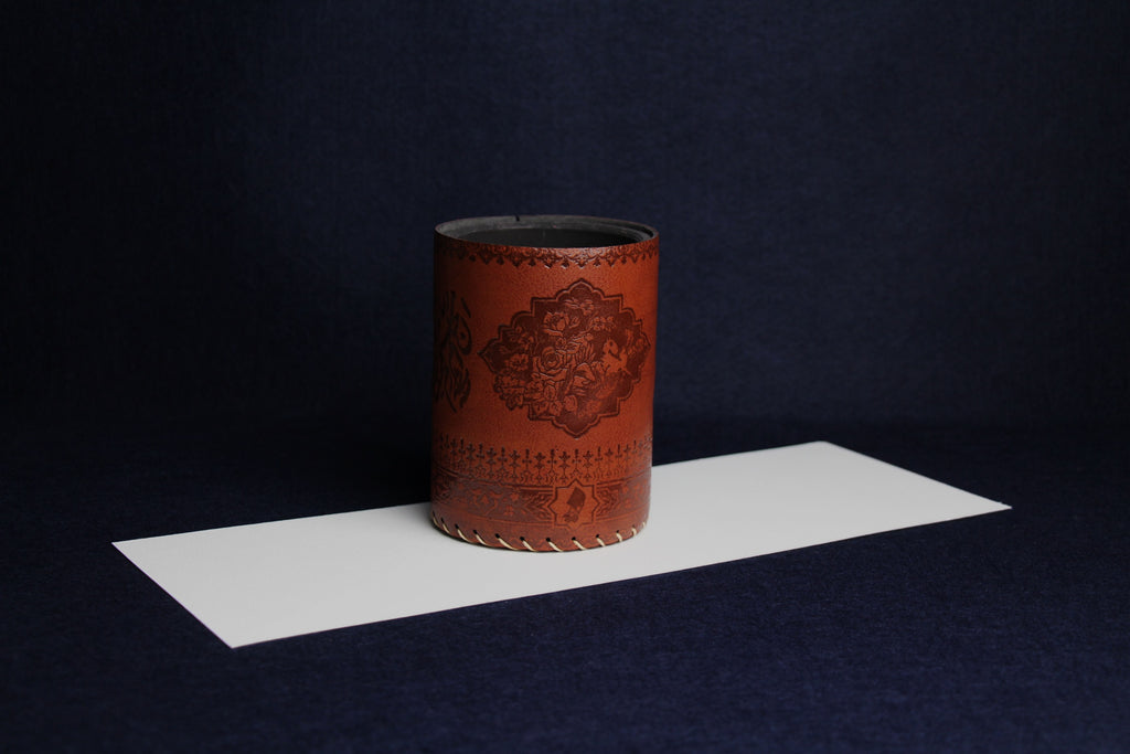Faux leather qalam pen stand with Persian calligraphy -brown