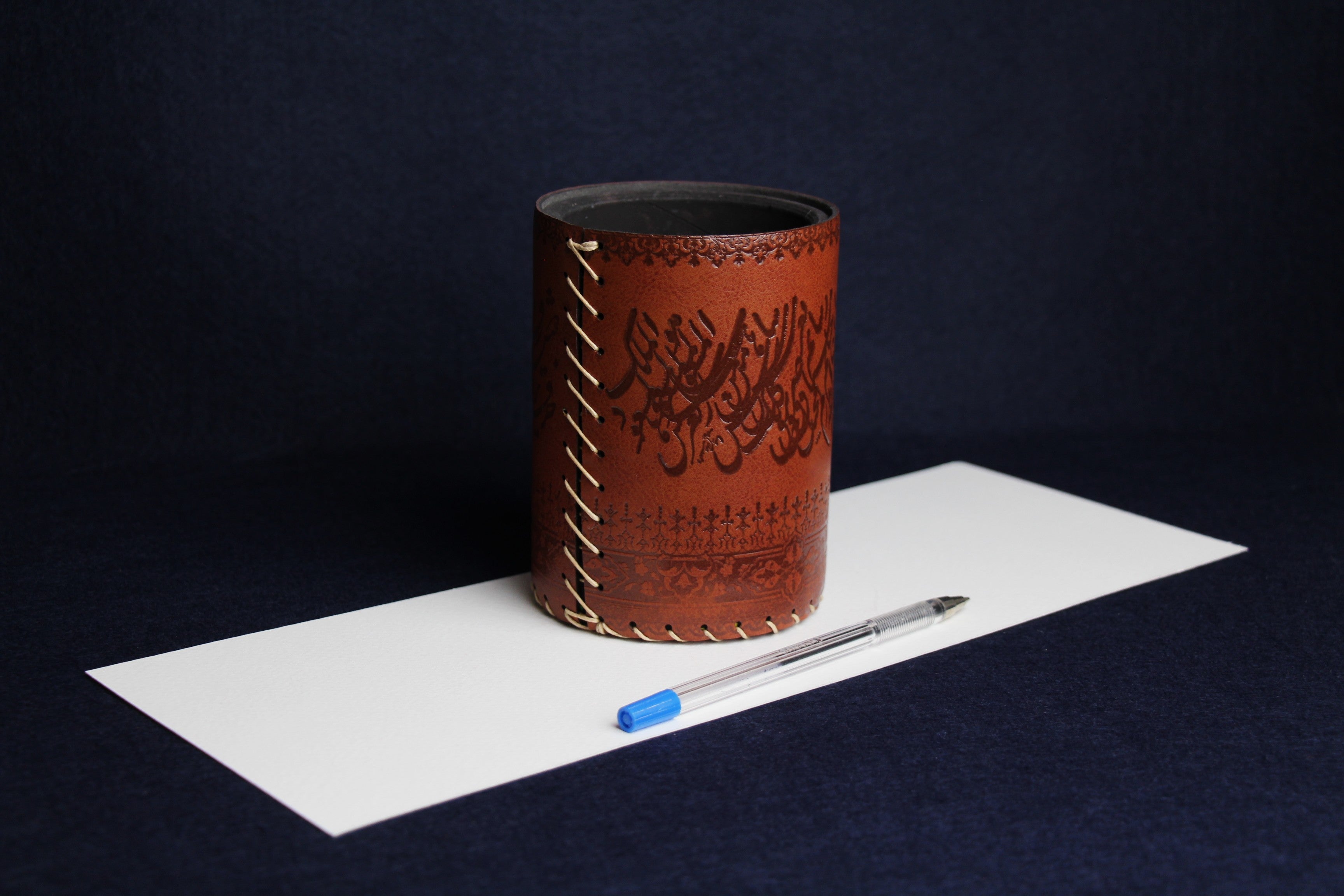 Faux leather qalam pen stand with Persian calligraphy -brown