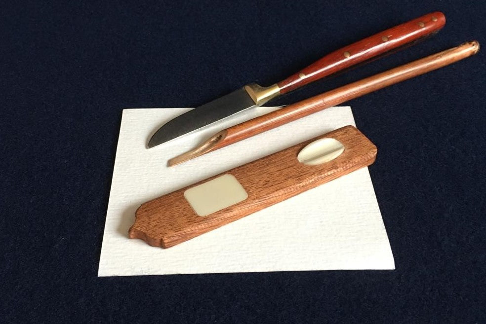 Small wooden makta with bone inlay and holder for cutting pens for Arabic calligraphy