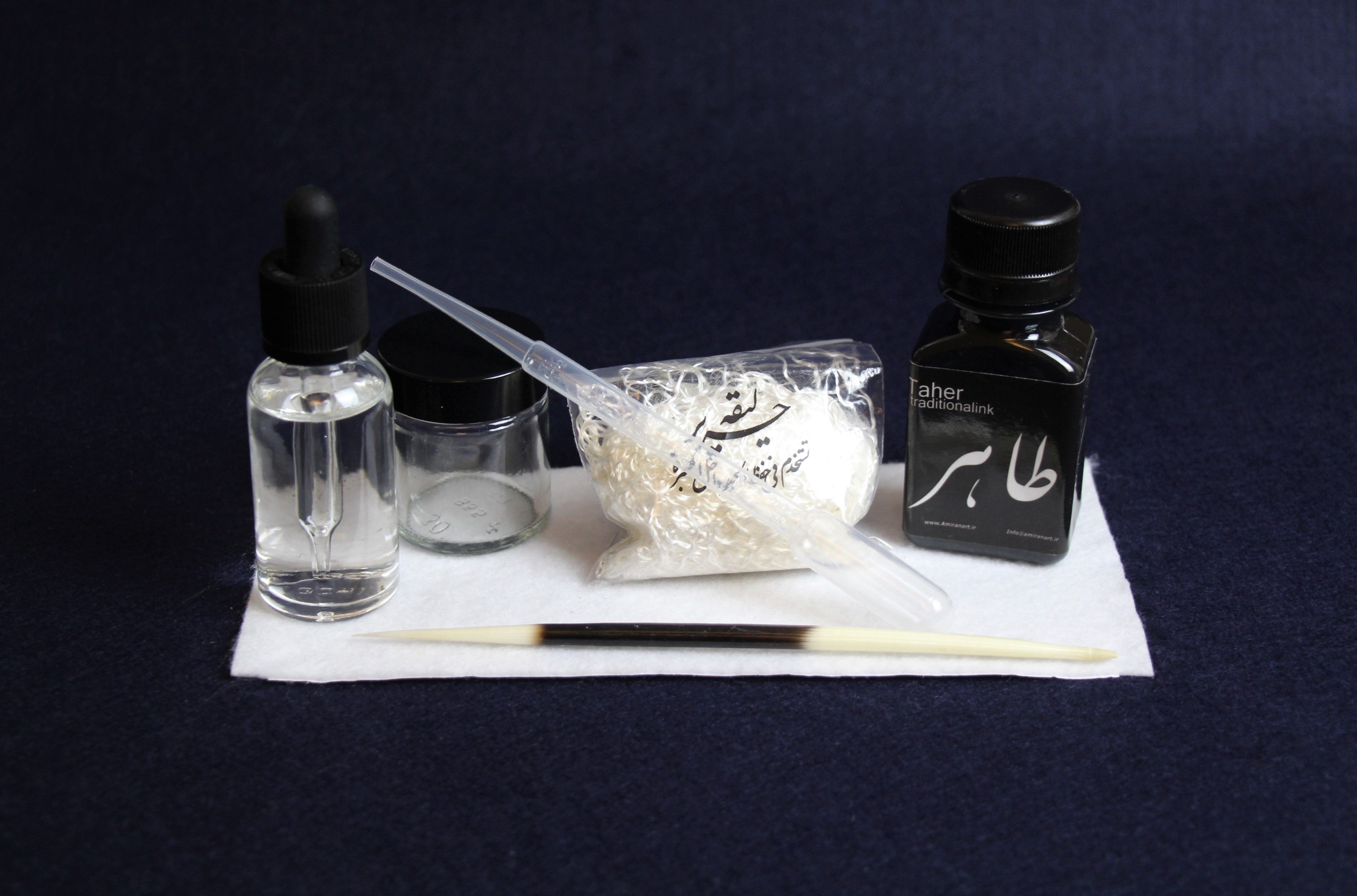 Ink kit for Arabic calligraphy - ink, inkwell, likka, rose water, porcupine quill, transfer pipette