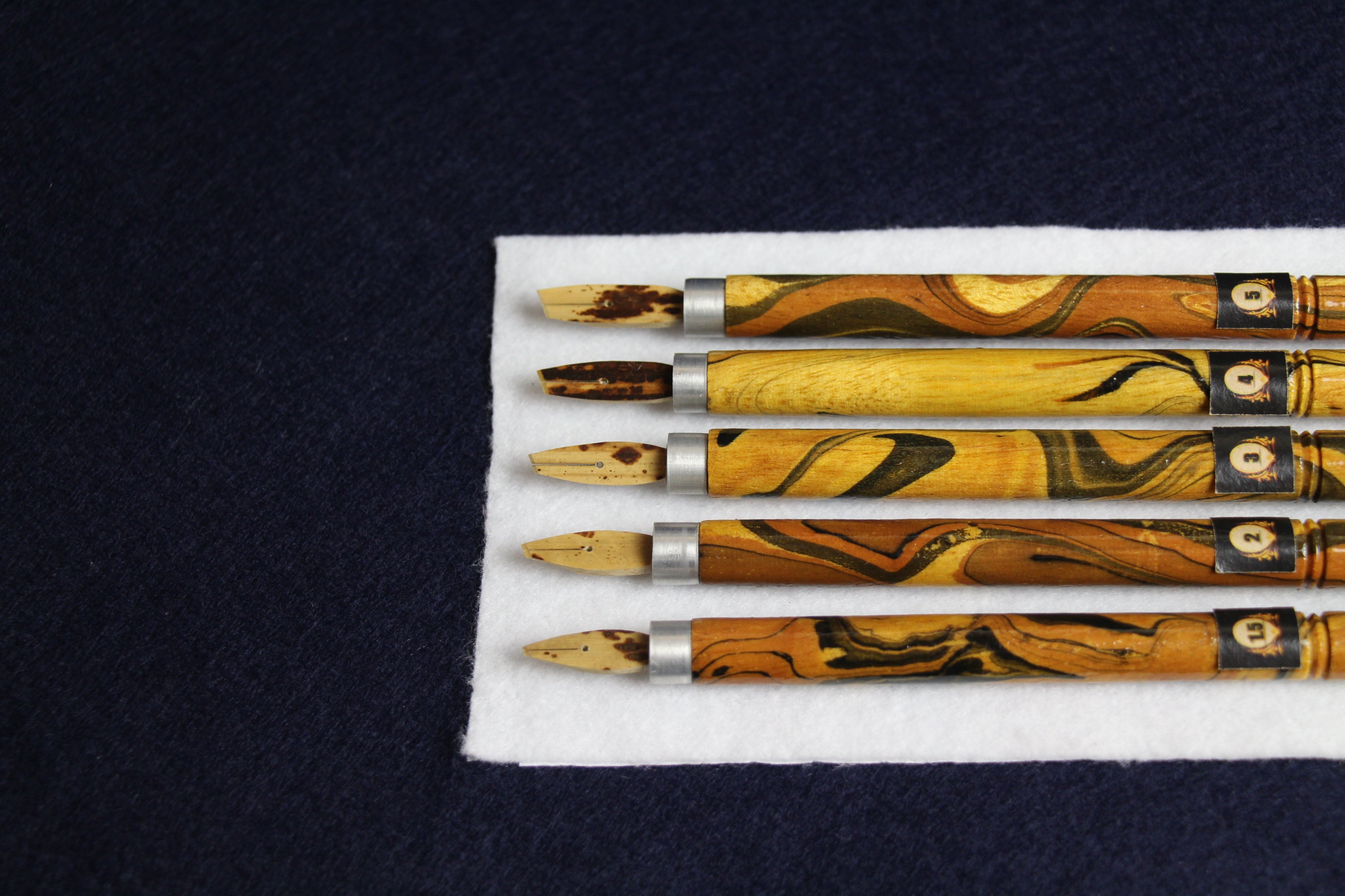 Set of 5  spotted bamboo qalams for Arabic calligraphy: 1.5 - 5 mm