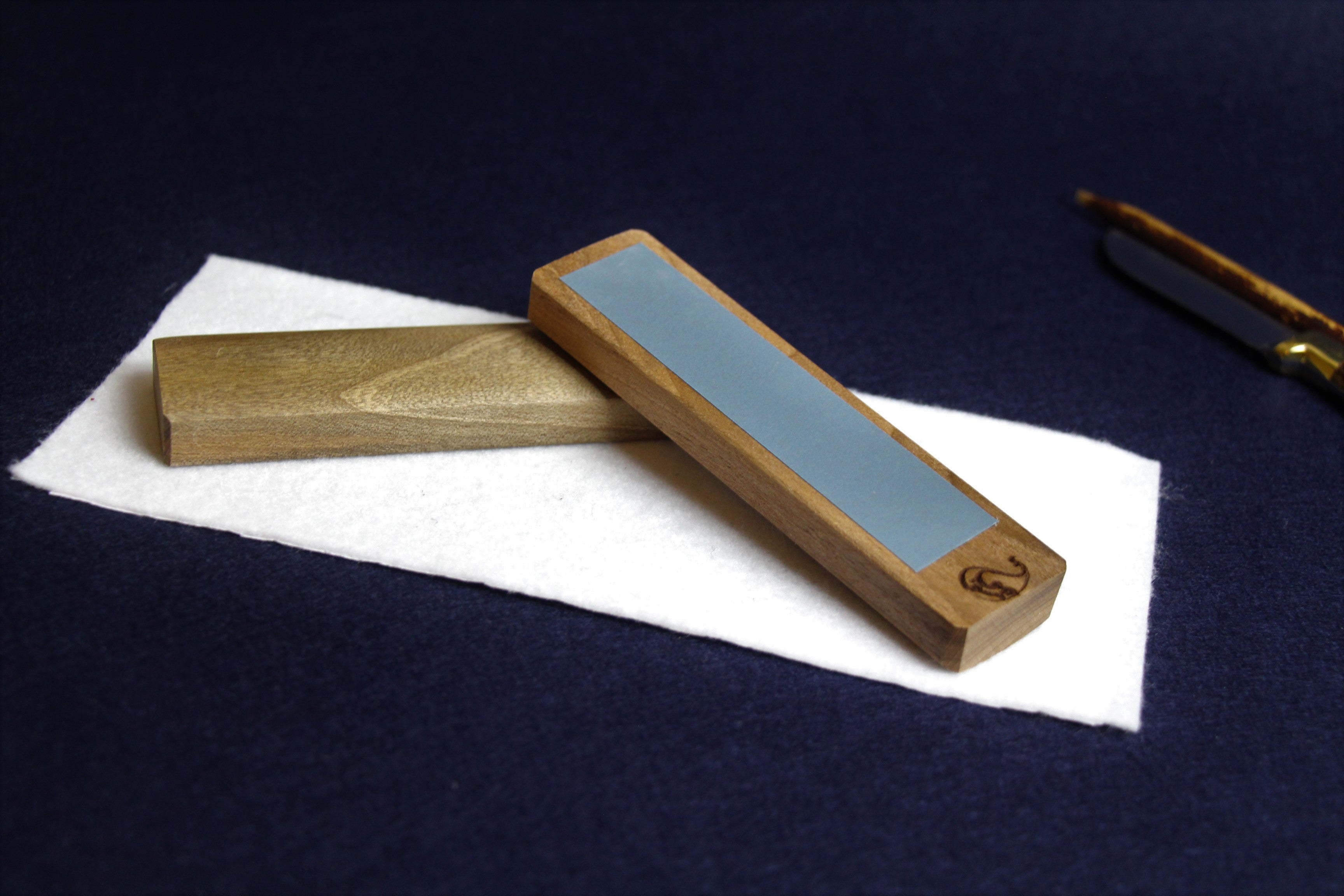 Rectangular walnut wood makta with sanding paper for cutting pens for Arabic calligraphy
